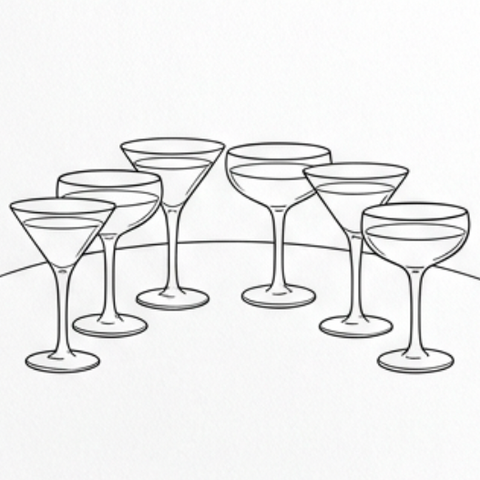 A minimalist black line art illustration of six cocktail and martini glasses arranged in a semi-circle on a plain white background.