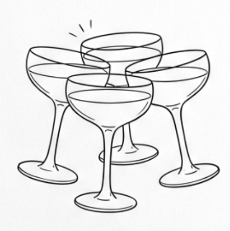 A minimalist black line art illustration of four champagne glasses clinking together, centered on a solid white background.