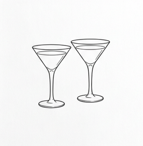 A minimalist black line drawing of two martini glasses on a plain white background.